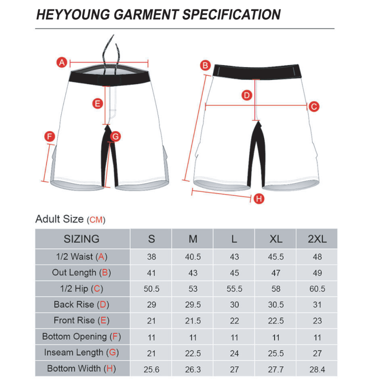 MMA Short Size Chart