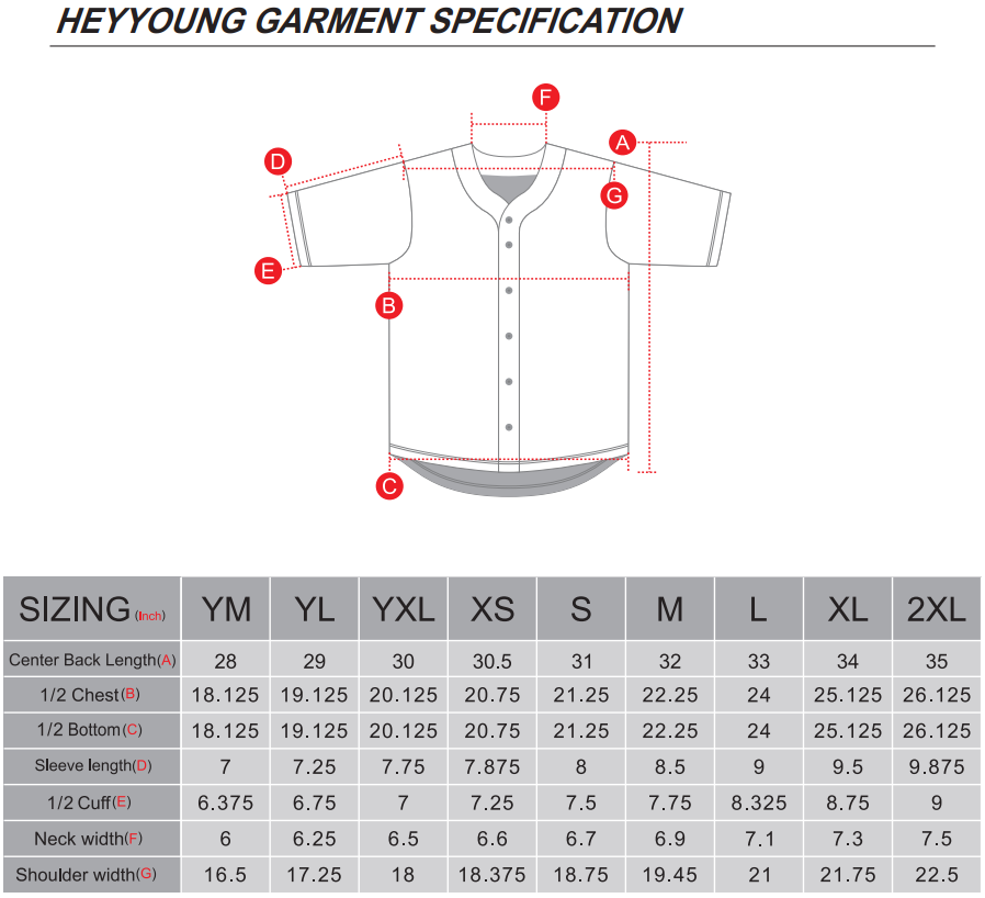 Baseball Jersey Size Chart