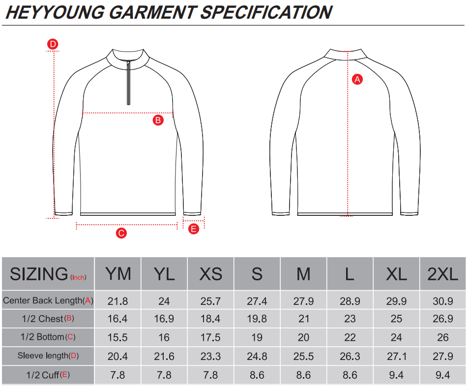 Baseball ZIP JACKET SIZE CHART
