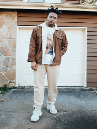 Beige Sweatpants with Dark Brown Shirt Jacket Outfits For Men (4 ideas & outfits) | Lookastic