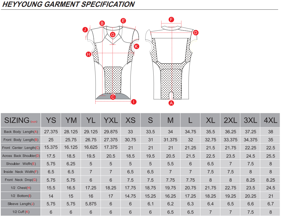 American Football Jersey Size Chart