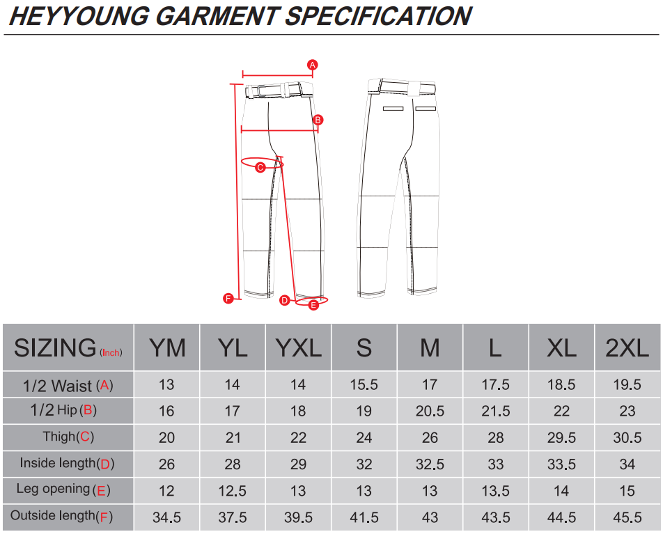 Baseball Pant Size Chart