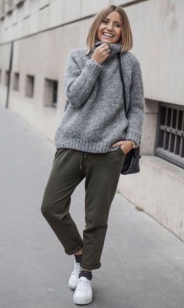 grey sweater, olive sweatpants, white sneakers #fashion | Cozy sweaters outfits, Joggers outfit, Womens fashion casual winter